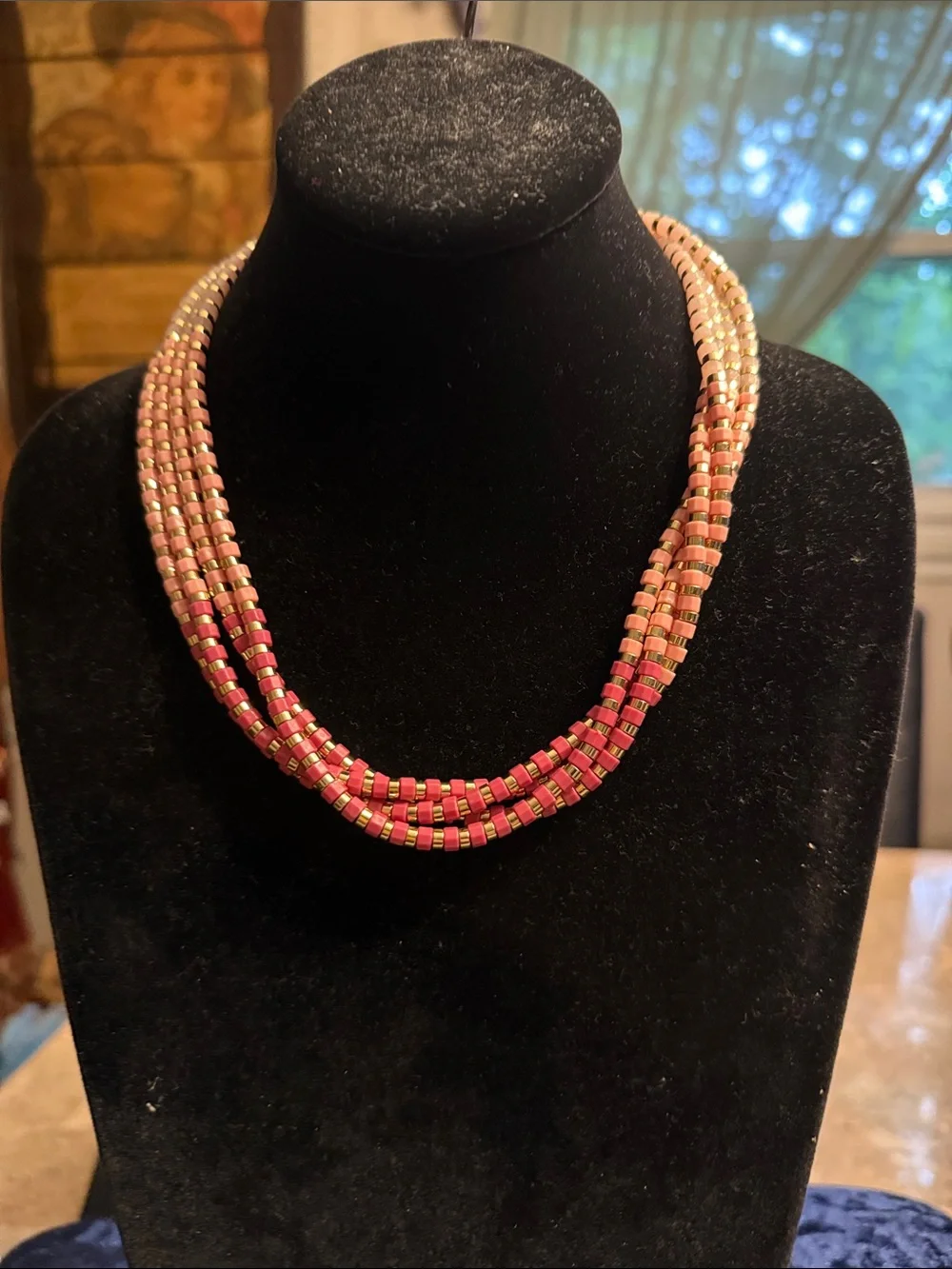 NWOT Talbots, gold tone and pink beaded four strand adjustable necklace
